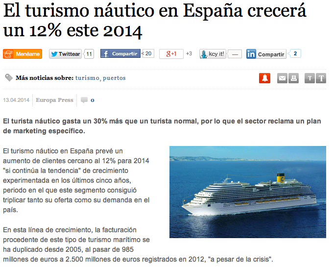 El turismo náutico crecerá un 12% en España, según publica el periódico Expansión