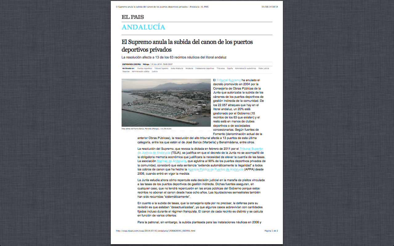 Lo más visto de 2014: La prensa nacional recoge la satisfacción de Marinas de Andalucía por la sentencia que anula el decreto de subida de los cánones