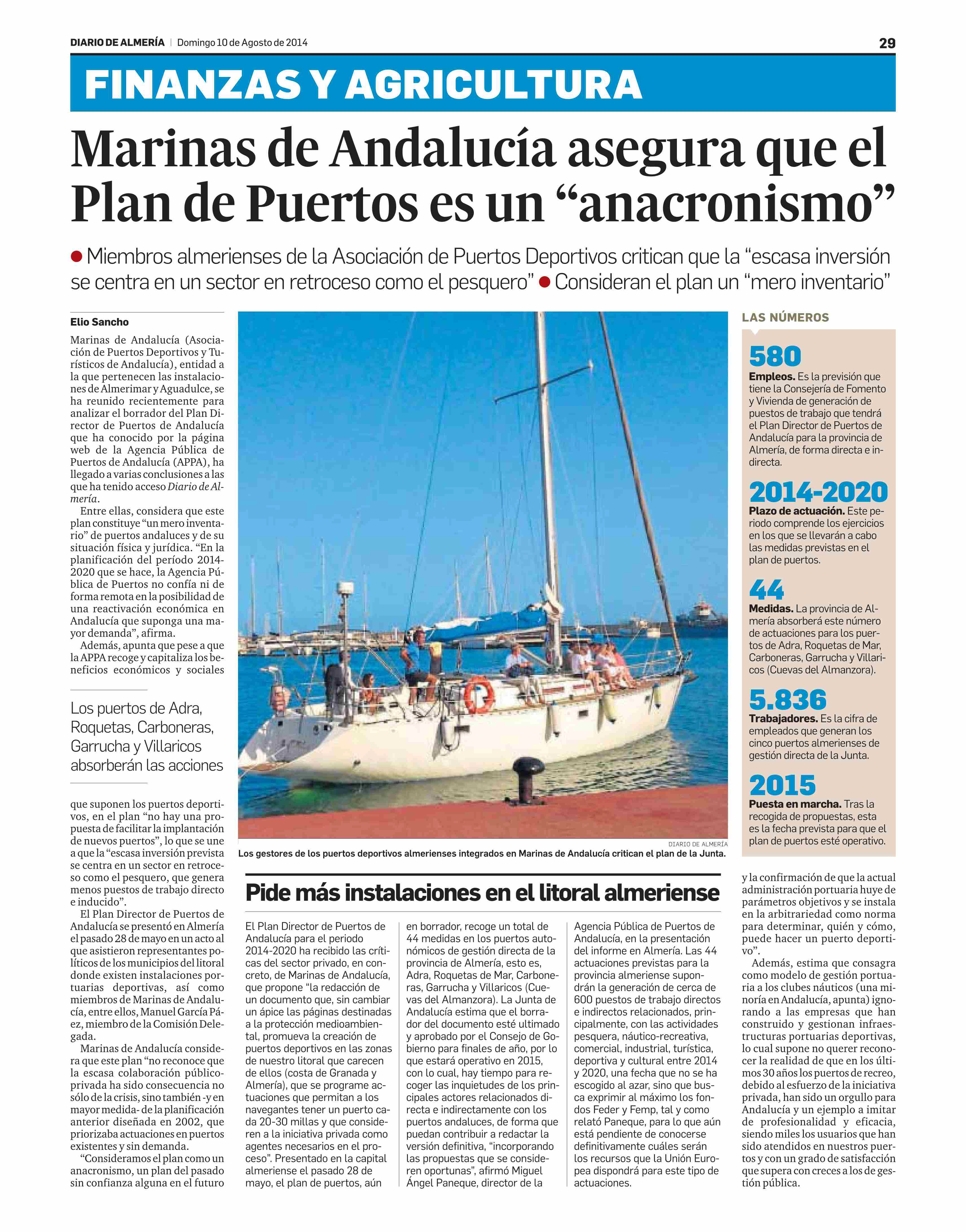 El Diario de Almería recoge la opinión de Marinas de Andalucía sobre el Plan de Puertos
