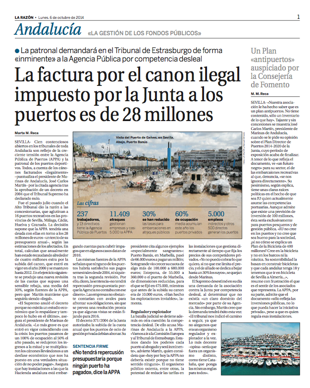 El periódico La Razón publica la situación de los puertos deportivos privados de Andalucía tras sentencia