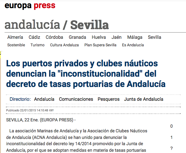 La reivindicaciones conjuntas de Marinas y ACNA, la Asociación de Clubes Náuticos de Andalucía, en la prensa