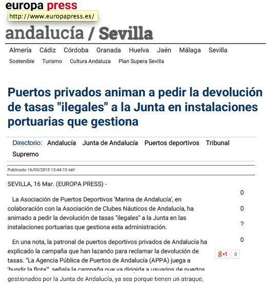 La prensa se hace eco de la campaña 'La APPA juega a hundir la flota' de Marinas de Andalucía