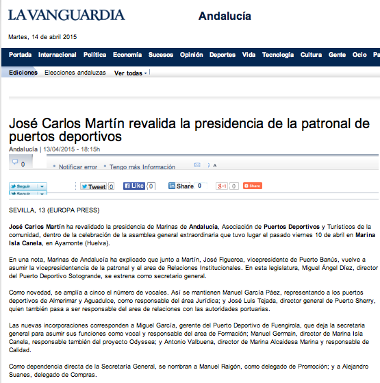 Amplia cobertura mediática de la reelección de José Carlos Martín como presidente de Marinas de Andalucía