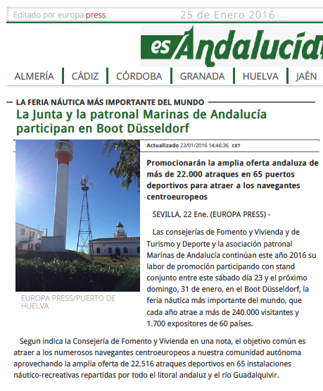 Los medios publican la presencia de Marinas de Andalucía en la Boot Düsseldorf 2016